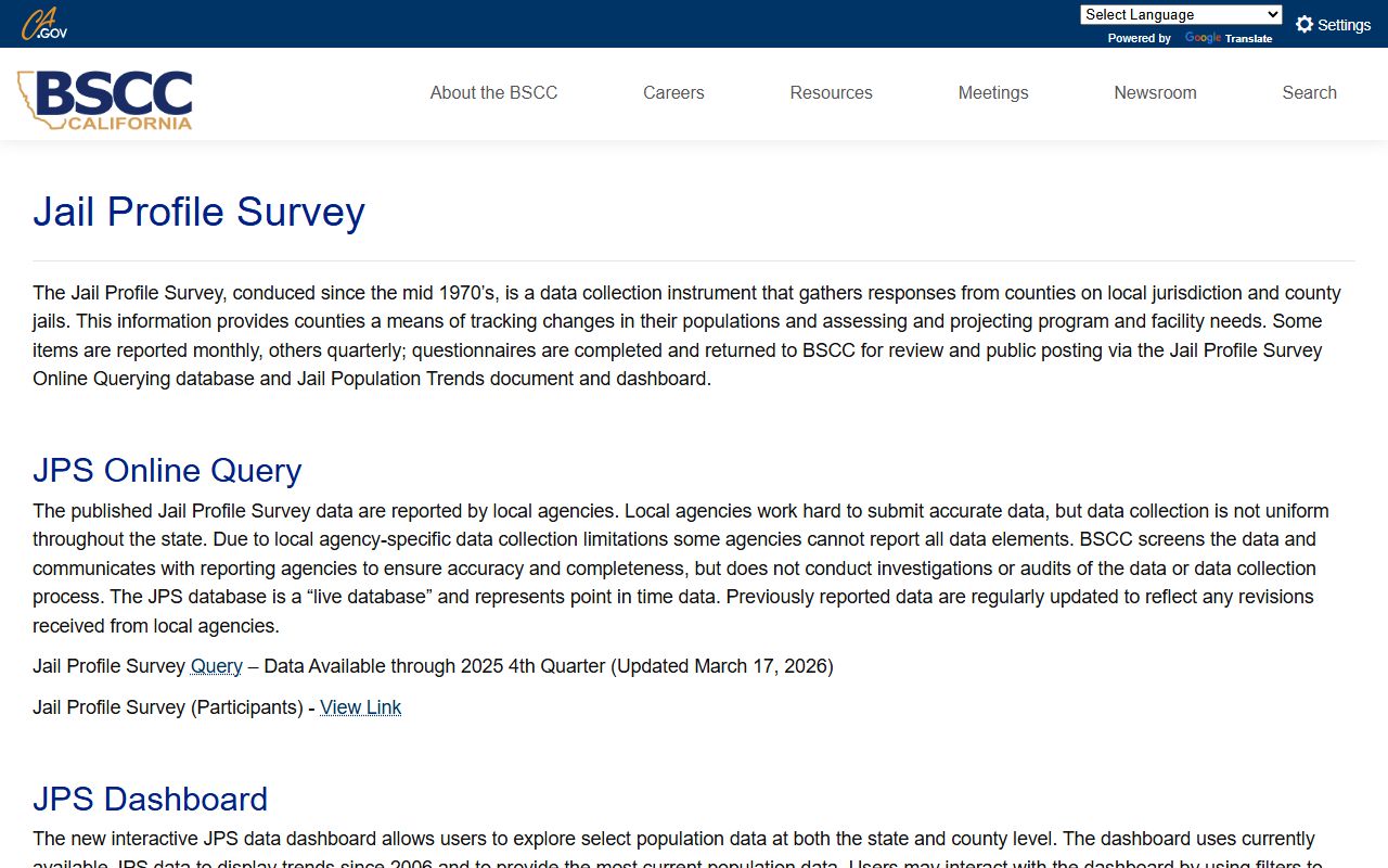 Mono County inmate population BSCC jail profile survey source