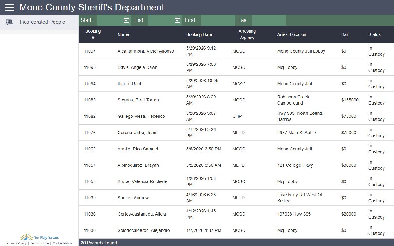 Mono County booking photos arrests route disabled in Citizen RIMS