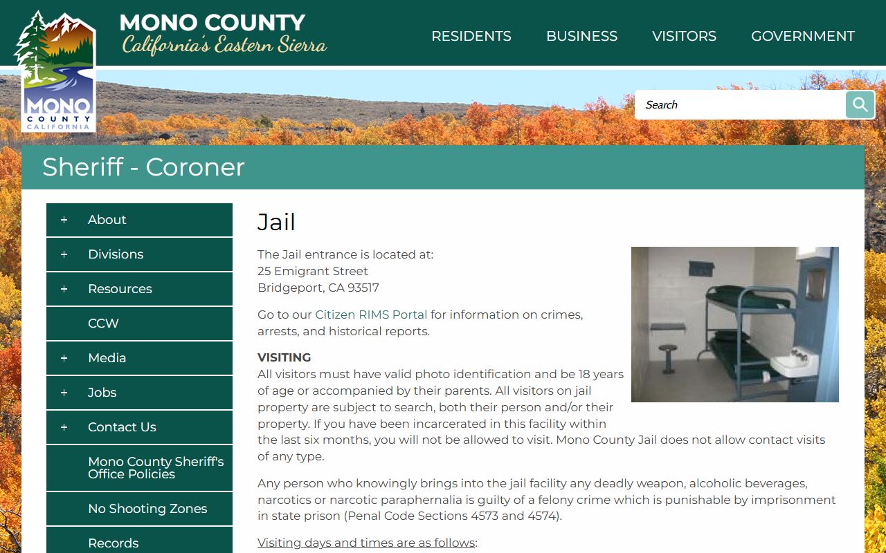 Mono County Jail inmate lookup sheriff jail page