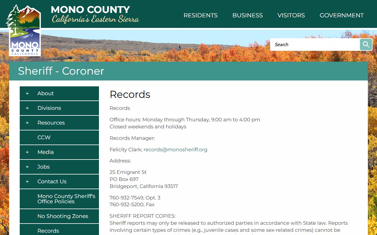 Mono County jail mugshots sheriff records request page