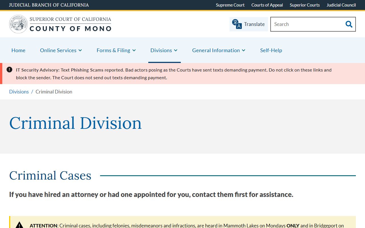 Mono County court records after jail arrest criminal division page